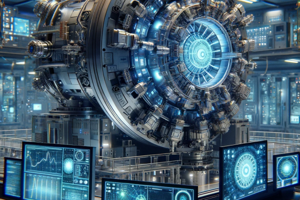 DALL·E 2024-01-01 18.01.49 - A futuristic, high-energy cosmic ray detection device in a science lab. The device is large, with a complex array of sensors, antennas, and digital di